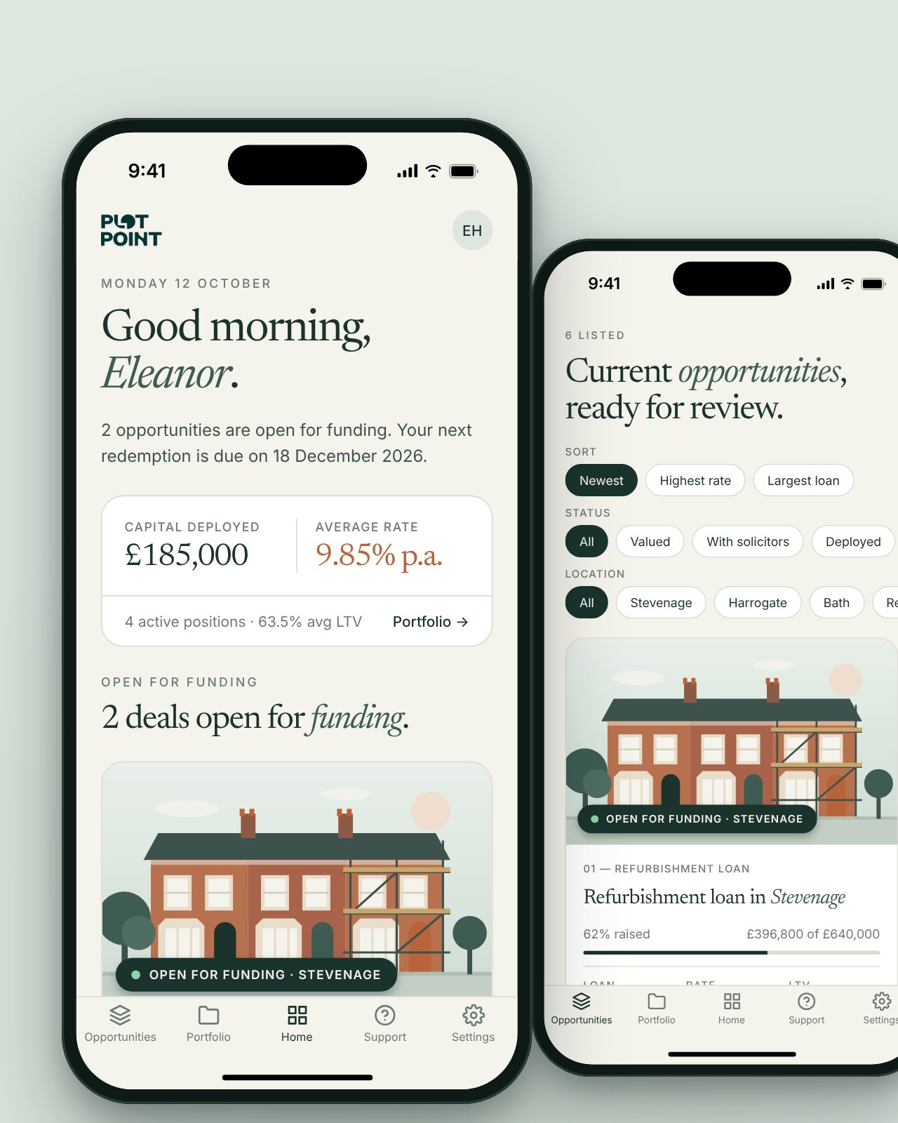 The PlotPoint app on two phones: the home screen with capital deployed and open deals, and the list of current opportunities
